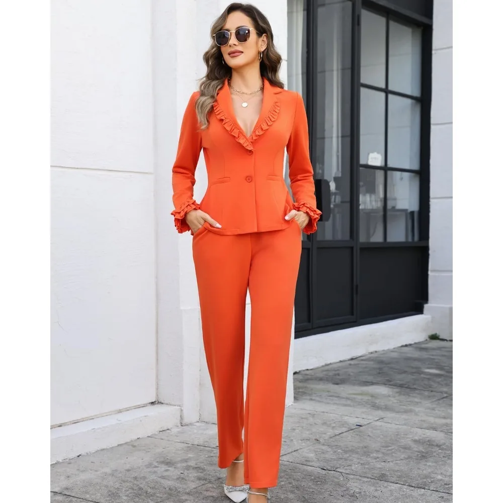 طقم بليزر نسائي مكون من قطعتين مكشكش وأكمام طويلة مكون من قطعتين، طقم بناطيل رصاص أنيق للأعمال #5