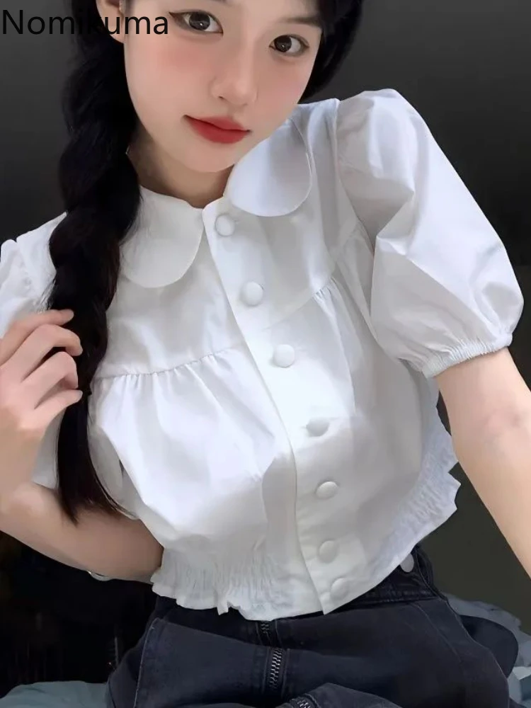 White Crop Tops Korean Blouses for Women Puff Sleeve Single Breasted Tunic Shirts 2024 Blusas Mujer De Moda Summer Sweet Blouse