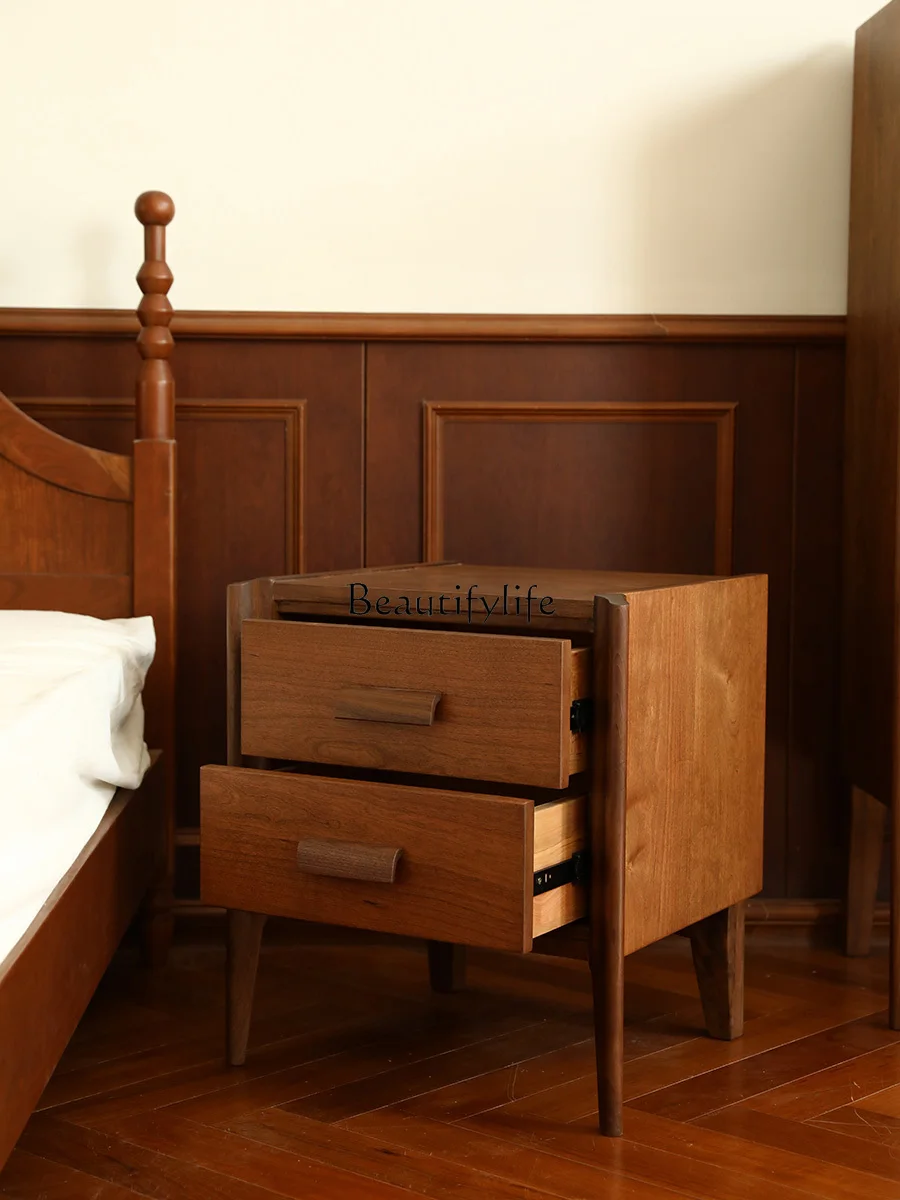 Retro Contrast Color Solid Wood Bedside Cabinet Mid-Ancient Short Chest of Drawer Cherrywood