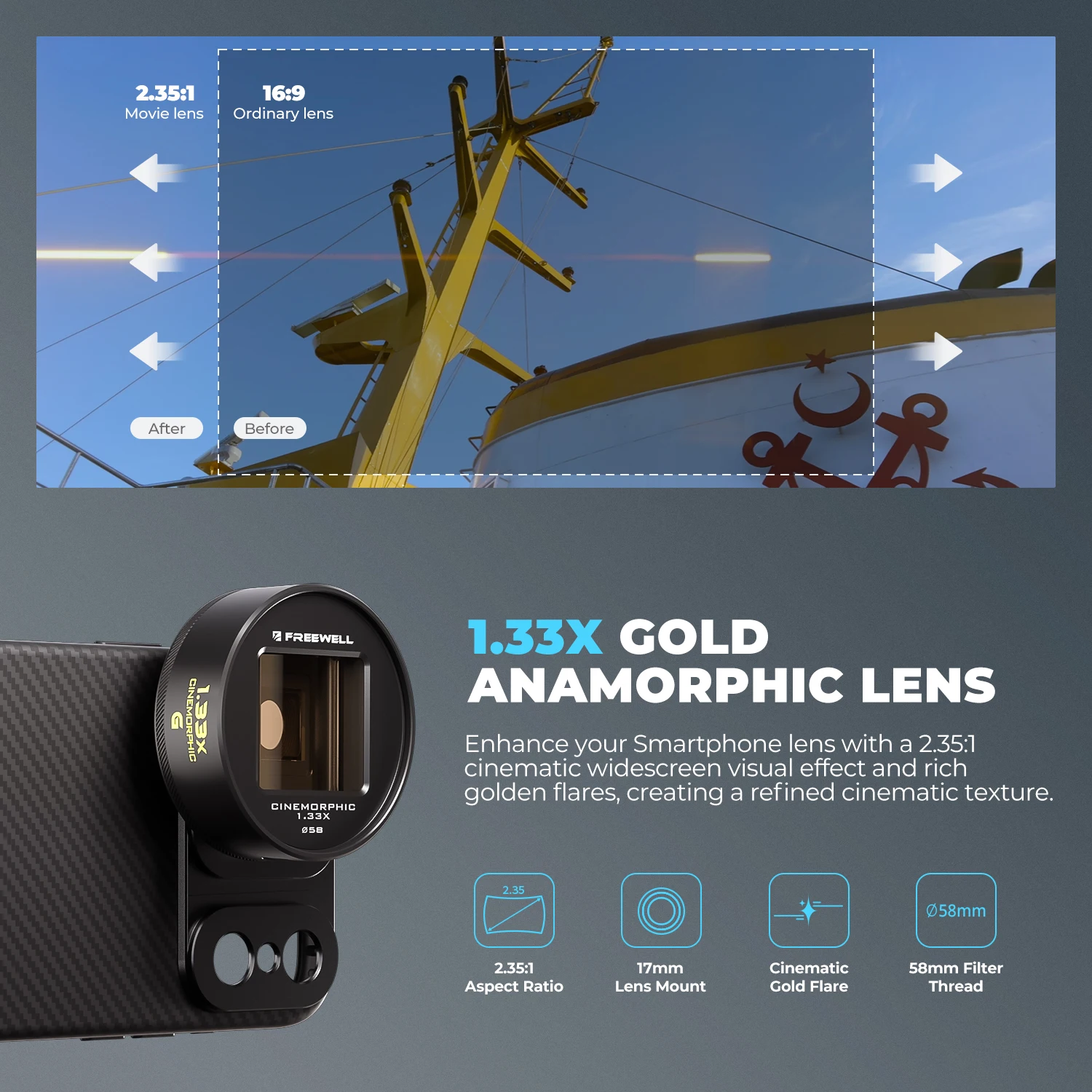Freewell 1.33x Blue/Gold Anamorphic Lens Compatible 17mm Mount Phone Case Accessories Enhance Your Phone Cinematography Effect