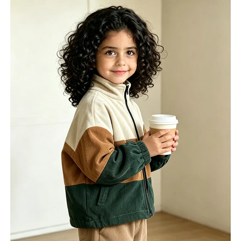 Little Girls 4‑7Y Casual Corduroy Coat Color Block Panel Stand‑Up Collar Zipper Front Loose Fit Daily Outer Garment