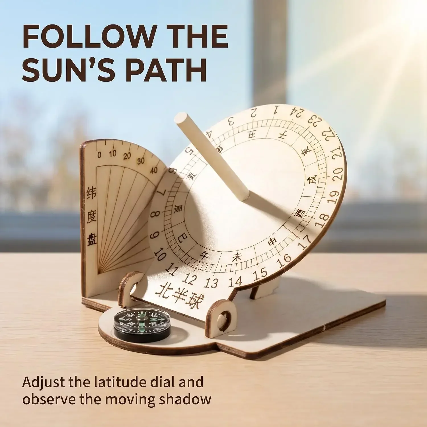 Wooden Sundial-Scientific Model Teaching Practical Wooden-Sundial Model Ancient Timers -Home Desk Decorations Specialty Clocks