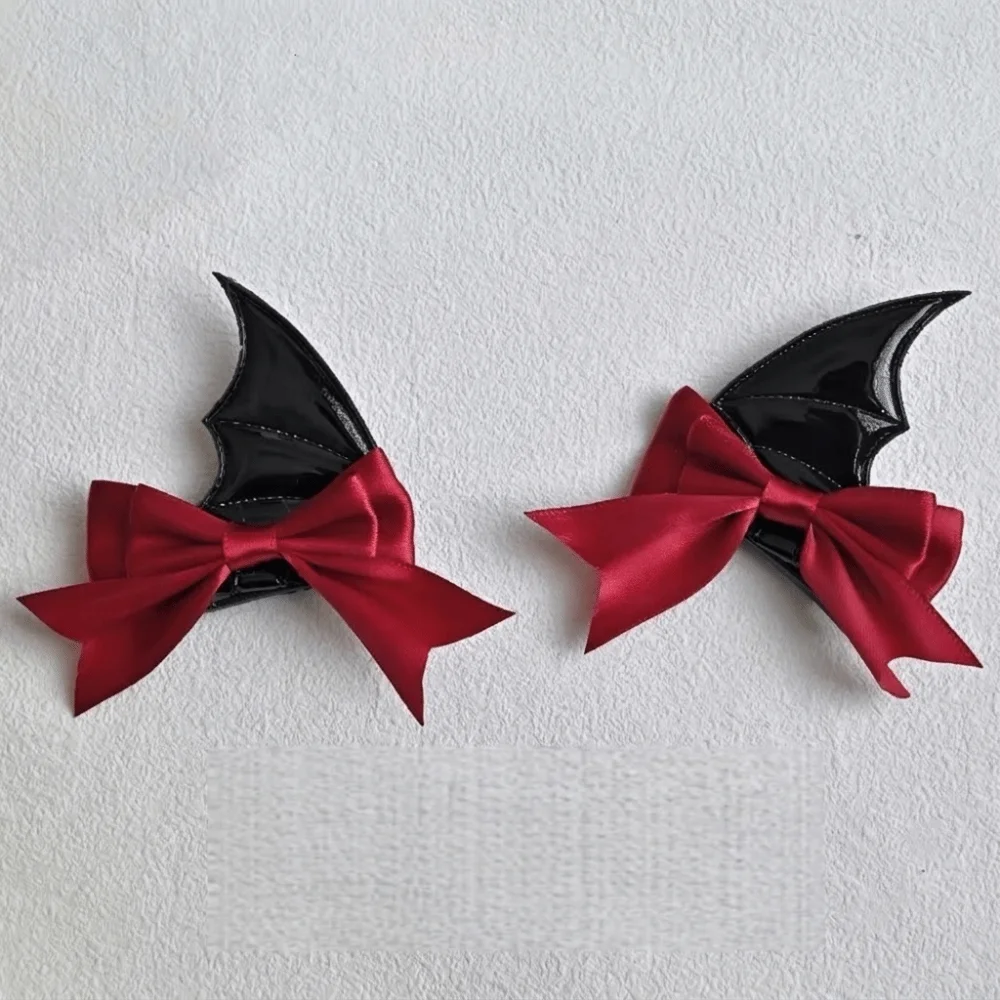 2 Pcs Fashion Bow Halloween Hairpins Y2K Lolita Style Devil Horn Hair Clips Gothic Style Headwear Bat Duckbill Clips Halloween