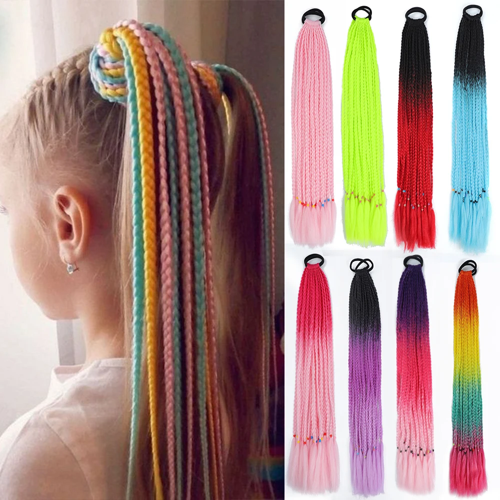 HAIRSTAR Synthetic Colored Braided Ponytail Hair Extension 60CM Elastic Rubber Band Braiding Ponytail Hair Extensions For Girls