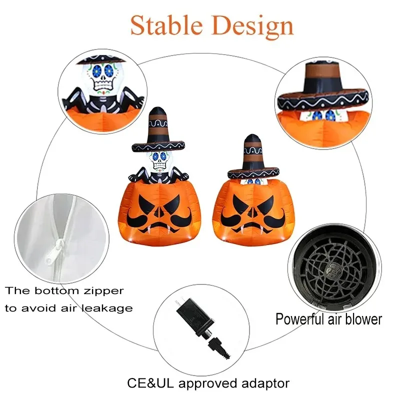 Juguete inflable de Halloween de 6,8 pies, esqueleto animado para hombre en la calabaza, inflable con LED integrados, decoración de jardín y patio al aire libre