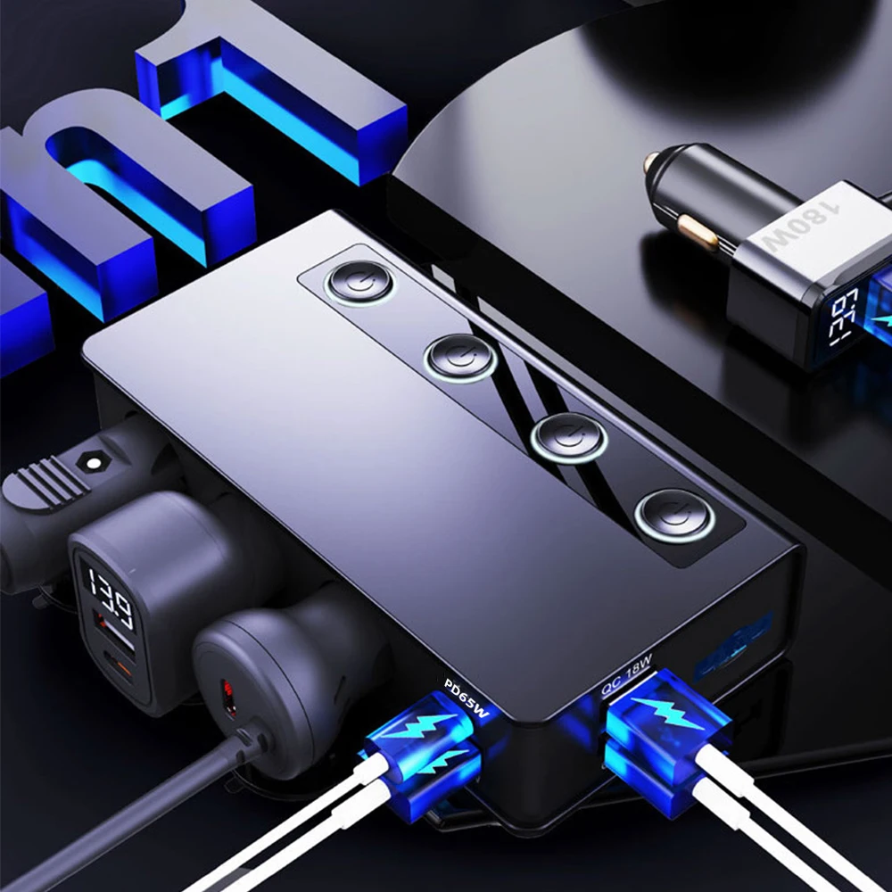 

Разветвитель розетки прикуривателя 180 Вт 9 в 1, 48 Вт Type-c + QC3.0, адаптер для быстрого автомобильного зарядного устройства с независимым переключателем ВКЛ/ВЫКЛ