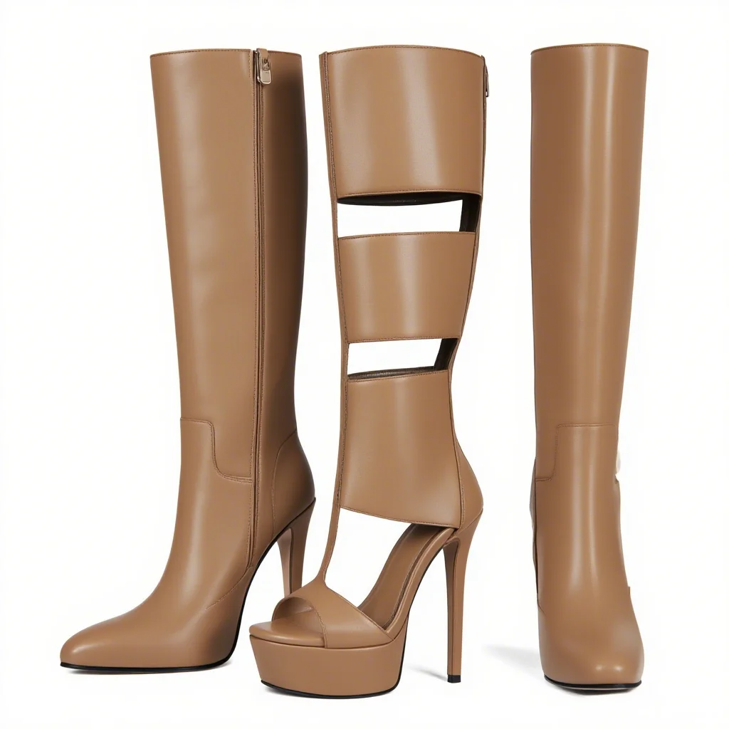 

Коричневые кожаные сапоги до колена с открытым носком на платформе с молнией сзади, летние женские модельные туфли 2024, однотонные туфли на тонком высоком каблуке