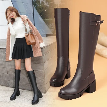 Comfortable women platform snow boots buckle women knee high boots warm fur winter riding boots female black brown shoes big size 45