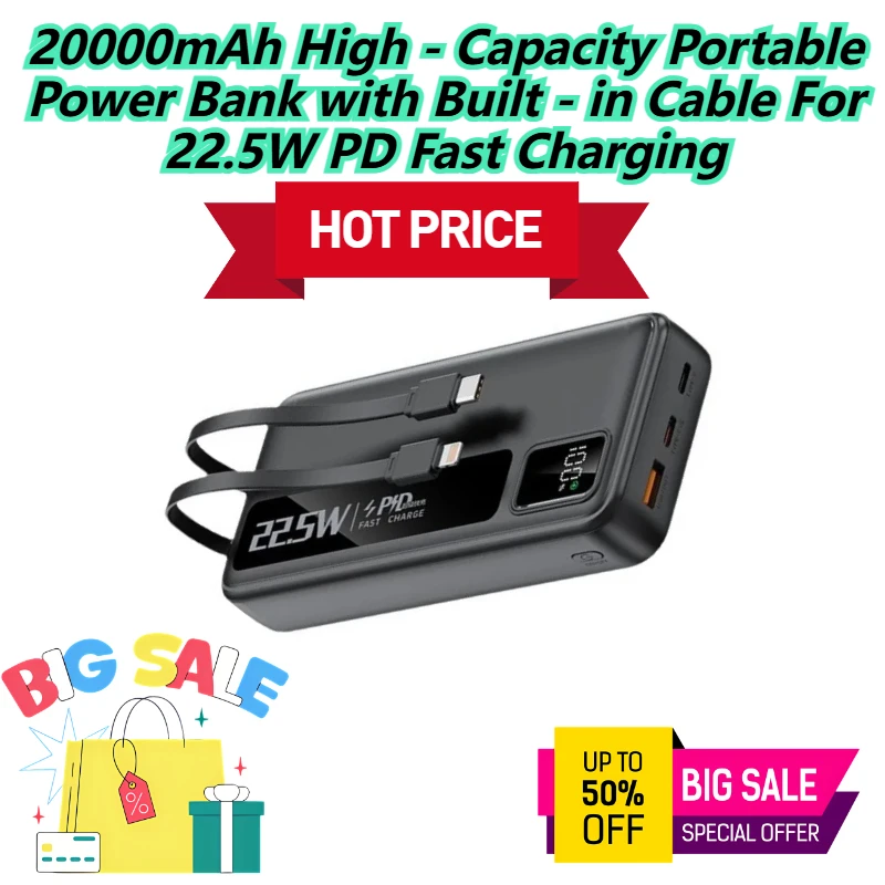 

20000mAh High - Capacity Portable Power Bank with Built - in Cable For 22.5W PD Fast Charging