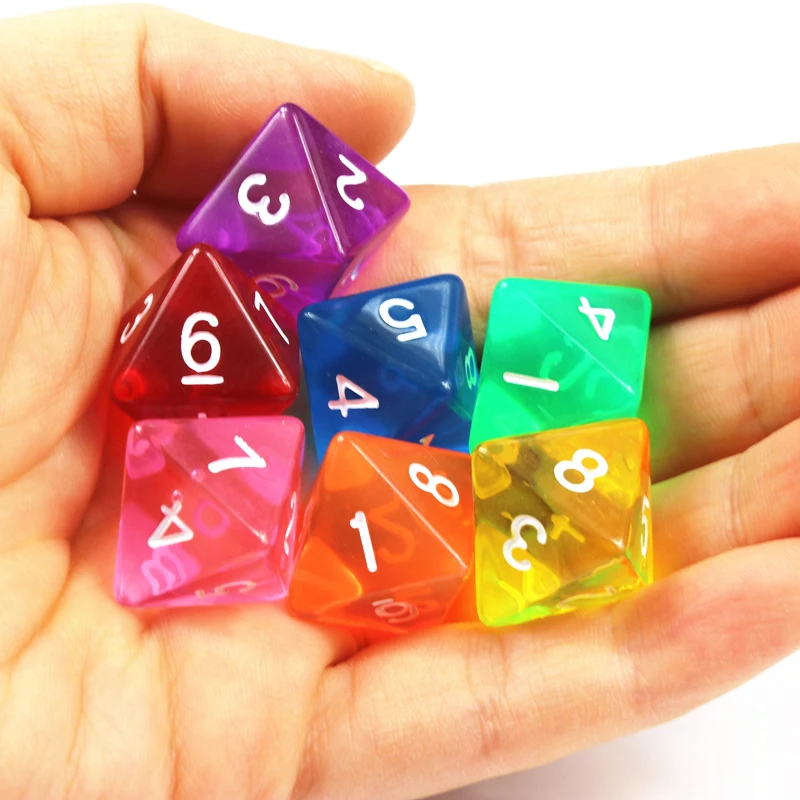 10Pcs D8 Transparent Color Dice Set, Plastic 8 Sided for Role Playing Board Games - Gaming Accessories