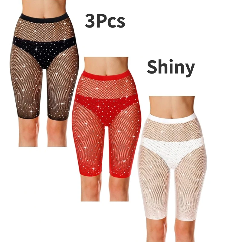 Collants courts en résille brillants pour femmes, collants Bling Lady Biker, voir à travers, sous-vêtements respirants en biscuits, 3 pièces