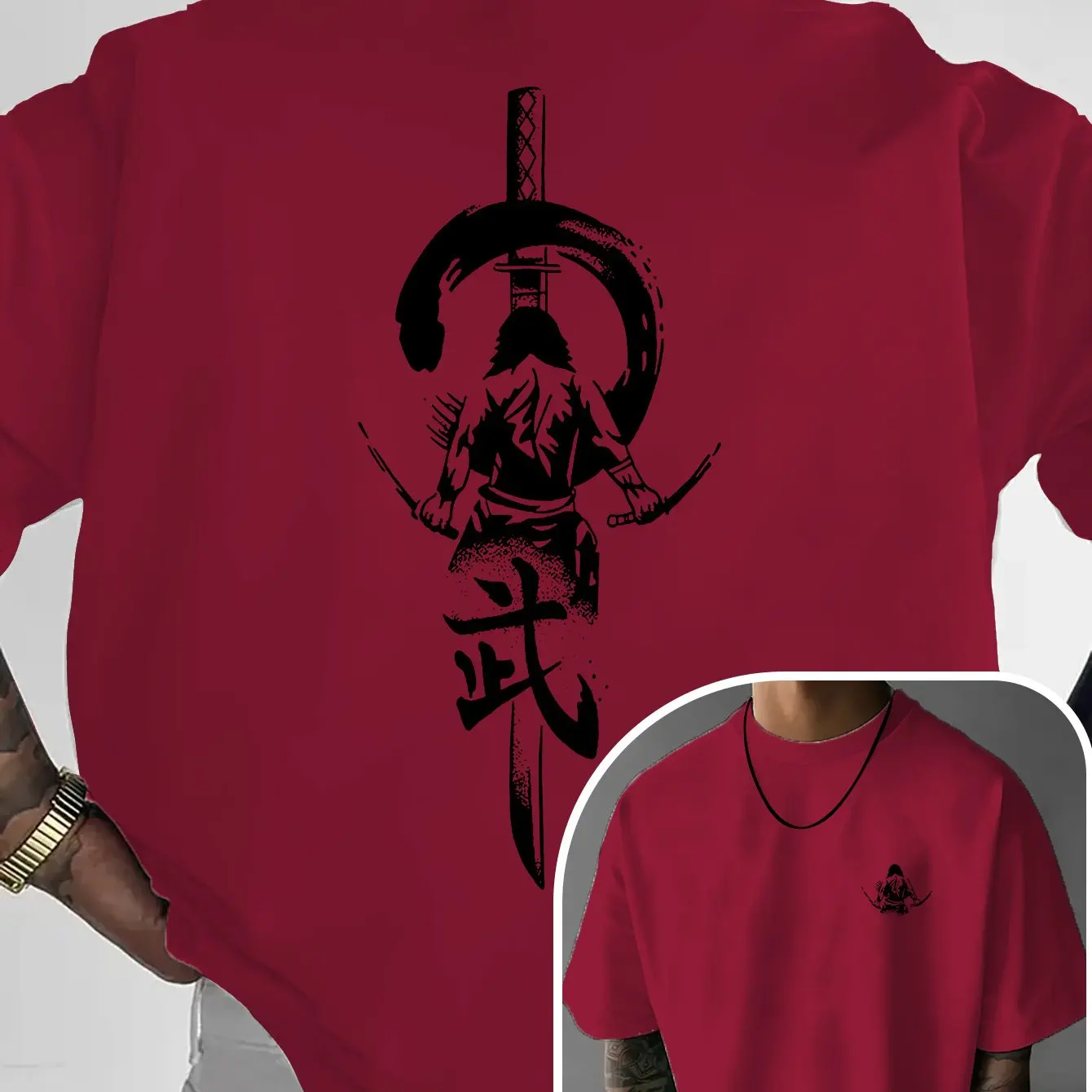 Bull King Selection Men Relaxed Fit Graphic T-Shirt - Samurai Dual Katanas Kanji Print Light Pink Breathable Summer Tee