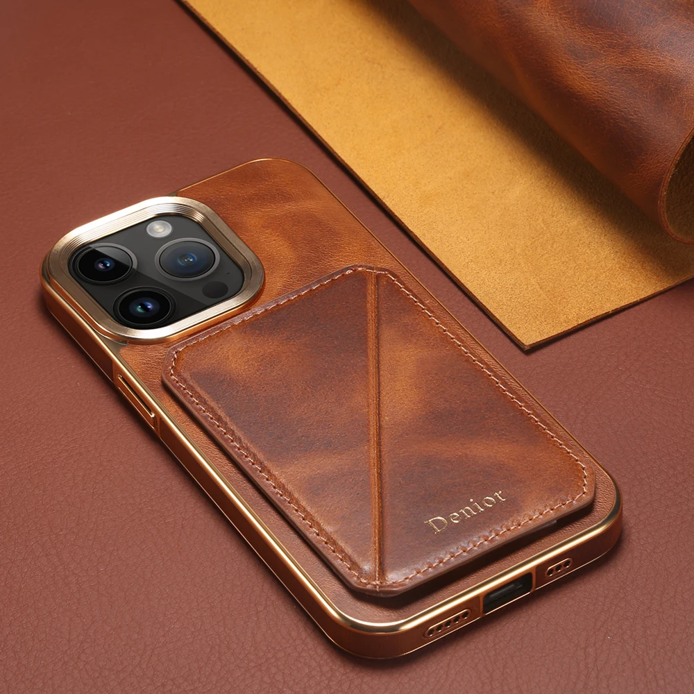 Vintage Genuine Oil Wax Leather dla iPhone 15 16 Pro Max 14 13 Plus 15Pro Card Pocket Holder Stand Plating Soft Shockproof Cover