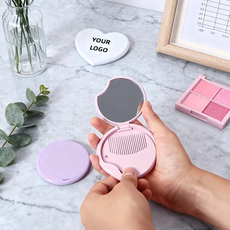 【Logo Custom】50 stuks op maat gemaakte hartvormige spiegel met kam compatibele make-upspiegel, op maat gemaakte groothandel in kammen