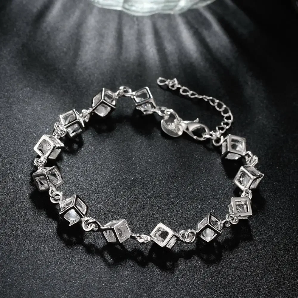 Fashion 925 Sterling Silver Bracelet for woman Shining crystal lattice chain fine Luxury jewelry Wedding party beautiful gift