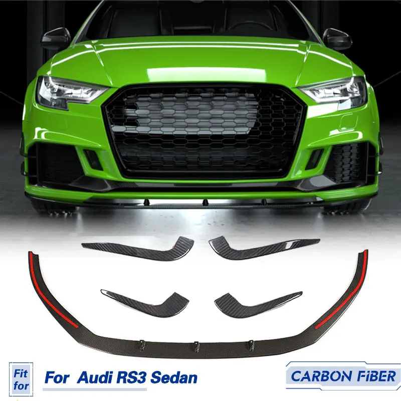 Car Front Bumper Lip With Canards Carbon Fiber for Audi RS3 Sedan 4-Door 2017-2019 Racing Front Lip Chin Apron Fins Body Kits