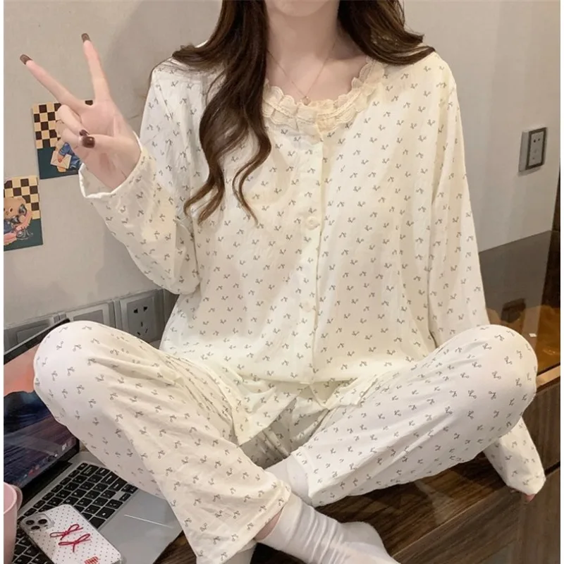 Spring Autumn Bow Print Women's Pajamas Lace Crew Neck Long Sleeve 2 Piece Pajamas Set Casual Everyday Sleepwear Soft Homewear