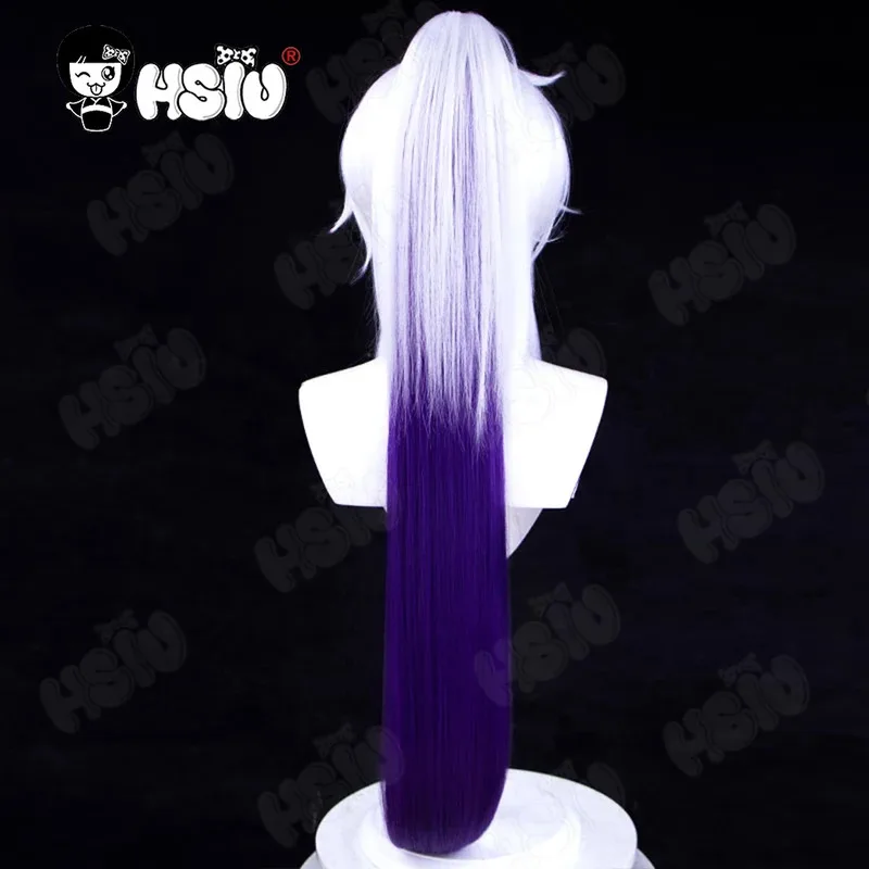Kiana Kaslana Cosplay peluca juego Honkai Impact 3 Cosplay peluca HSIU 90Cm blanco mezclado púrpura cola de caballo pelo largo peluca sintética + gorro de peluca