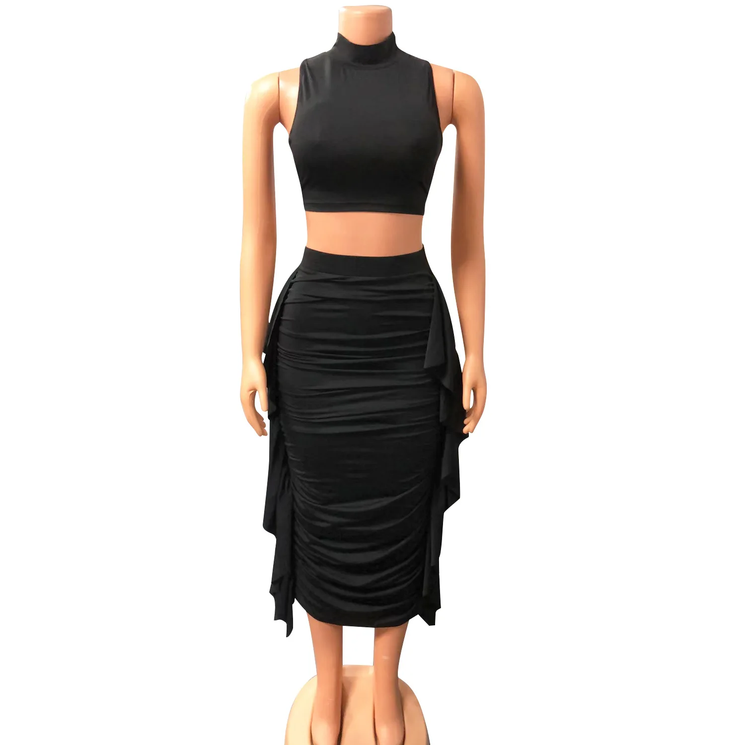 Casual O-collar Sleeveless Bandage Tight Vest and Pure Color of Tall Waist Ruched Midi Skirt Streetwear Two Piece Set for Women