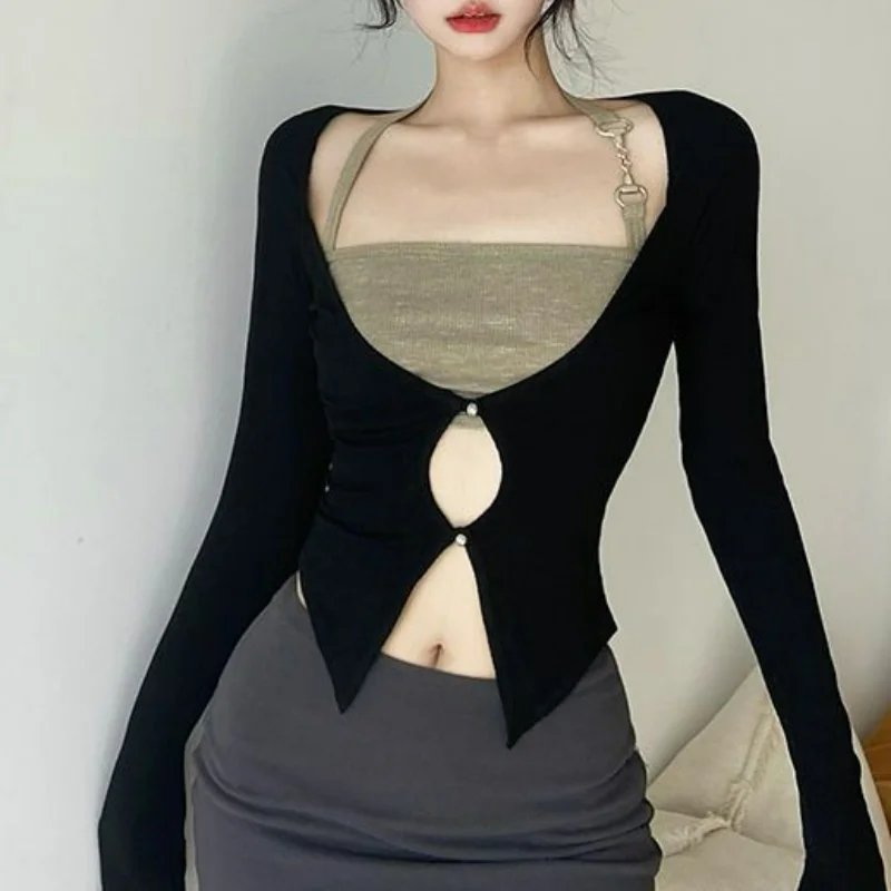 

Square Collar Clavicle-exposed Chic Buttons Long Sleeve Top Suit+halter Chain Solid Color Vest Outfits Y2k Set Women 2 Pieces