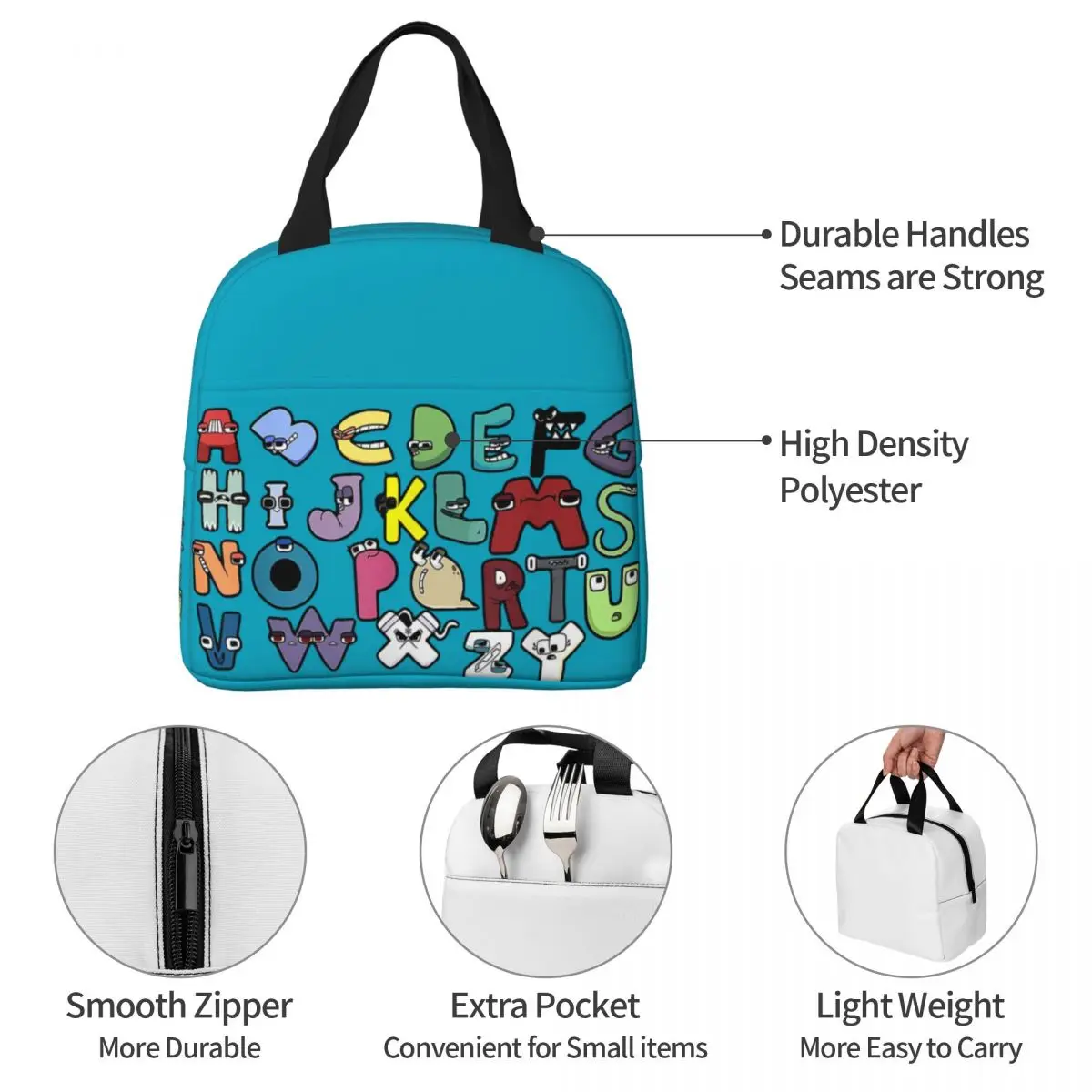 Alphabet Lore Costume Insulated Lunch Bag Portable Matching Learning 26 Letters Thermal Bag Tote Lunch Box Beach Picnic Food Bag