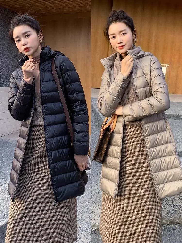 2023 Women Down Jacket Ultralight Thin Packable Down Long Jacket  Female Hat Detachable Slim Fit Skirt Coat Portable Outwear