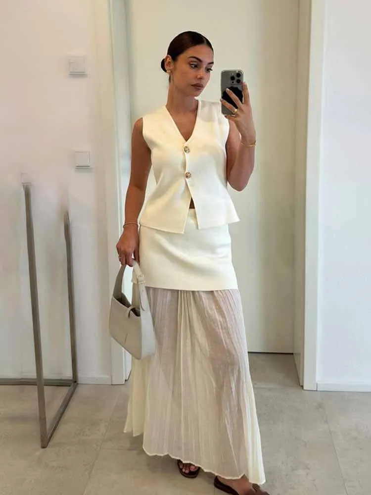 HH Femael Set V-Neck Sleeveless Single Breasted Knitted Vest+High Waist Side Zipper Splicing Skirts Women Fashion Suits