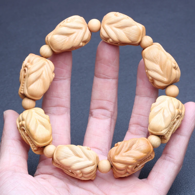 Natural Yellow Wooden bracelet Men\'s large size 20mmx29mm elastic bracelet Wood beads dragon God beast Lucky sculpture