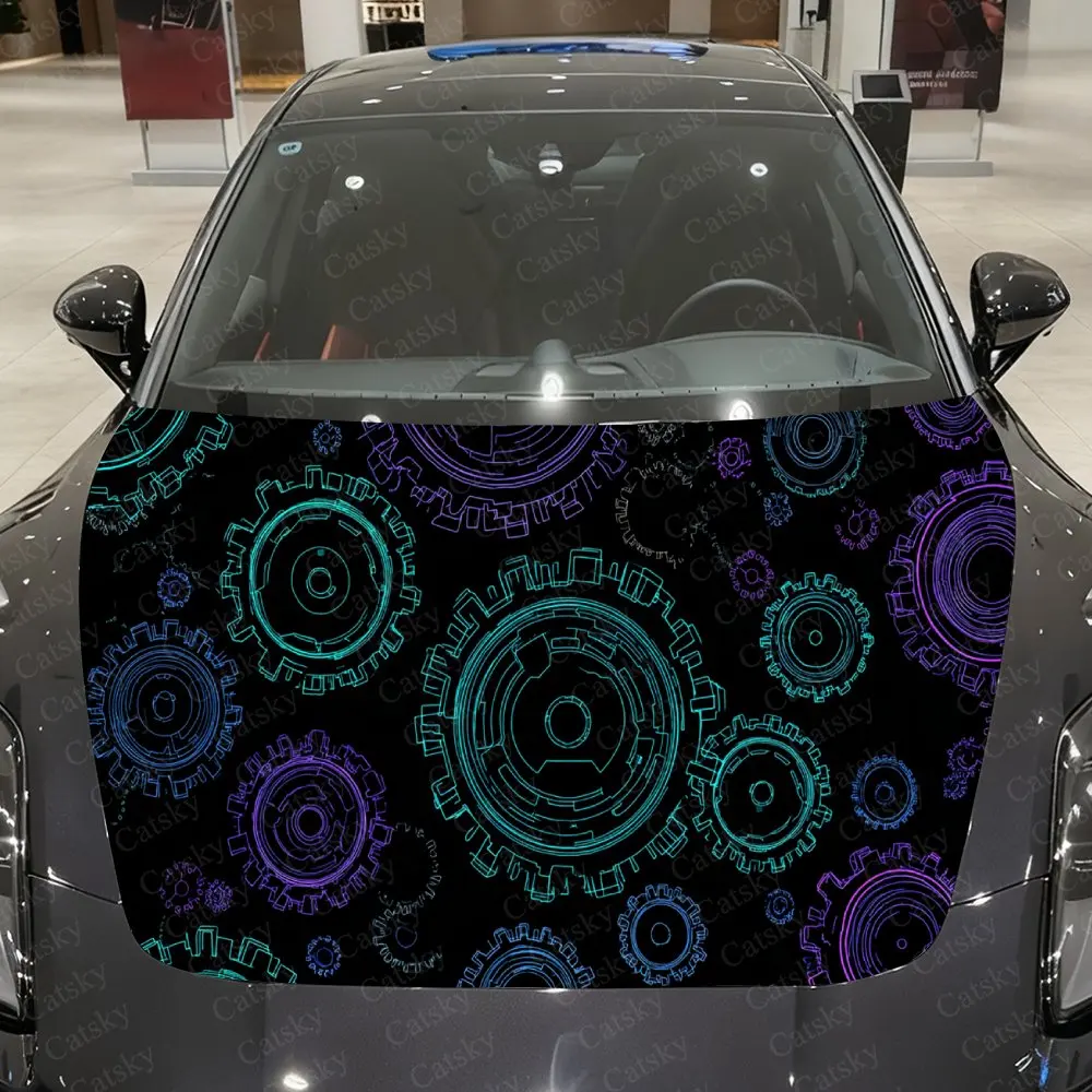 Iridescent Gear Wheel Car Vinyl Wrap, PVC Waterproof Car Hood Sticker, Self-Adhesive Scratch-Resistant Stickers