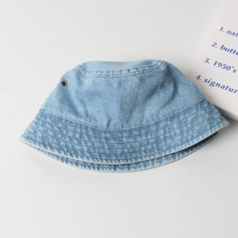 Summer Girls Boys Panama Sun Hat Kids Washed Denim Bucket Hat Children Wide Brim Cotton Fisherman Hats Solid Color Outdoor Cap