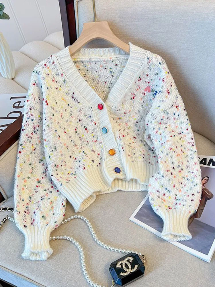 Jmprs Chic Rainbow Dot Cardigan Sweaters Women Sweet Fashion Long Sleeve Korean Knitted Coat Casual Lazy Wind Loose V Neck Tops