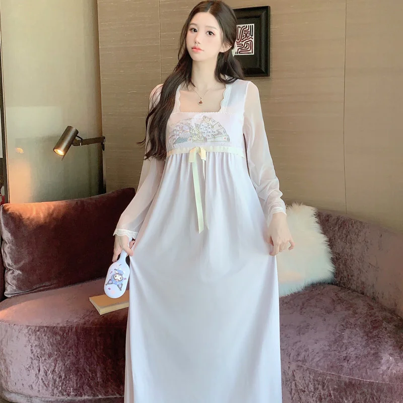 Female New Chinese Court Style Long Nightgown Embroider Mesh Bathrobe Sleepwear Summer Nightdress Casual Modal Home Wear