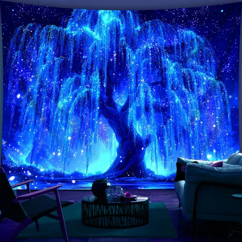 VIKAMA Magische leuchtende Baum-Wandteppiche, Blue Willow Starry Night Wandkunst zum Aufhängen für Schlafzimmer, Wohnzimmer, ästhetischer Hintergrund