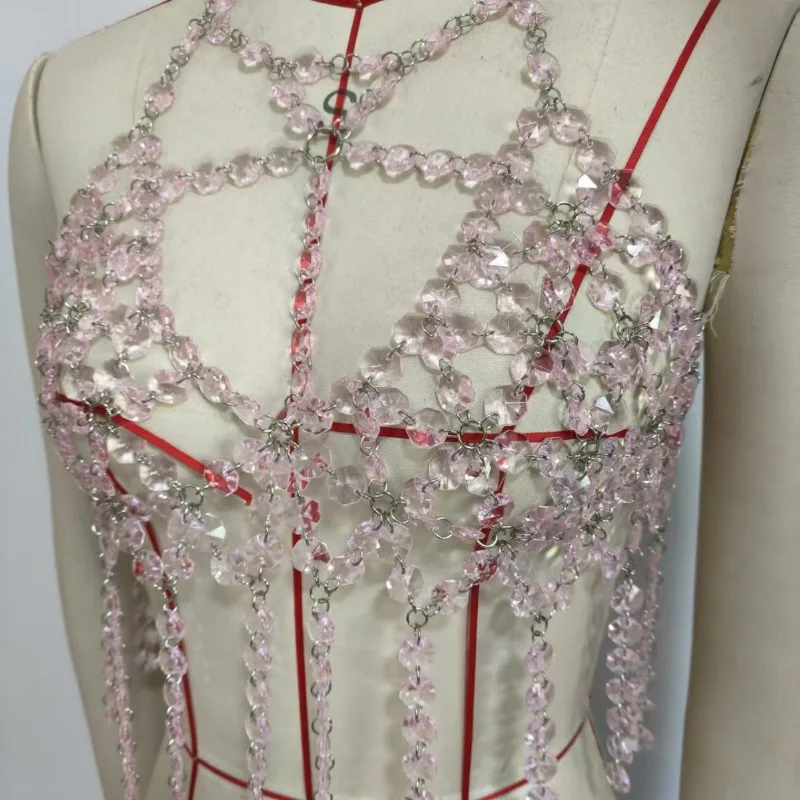 Women Pink Crystal Beaded Jewelry Bra Chain Hollow Out Sexy Dance Show Party Summer Bikini CropTop Breast Chain Цепочки Для Тела