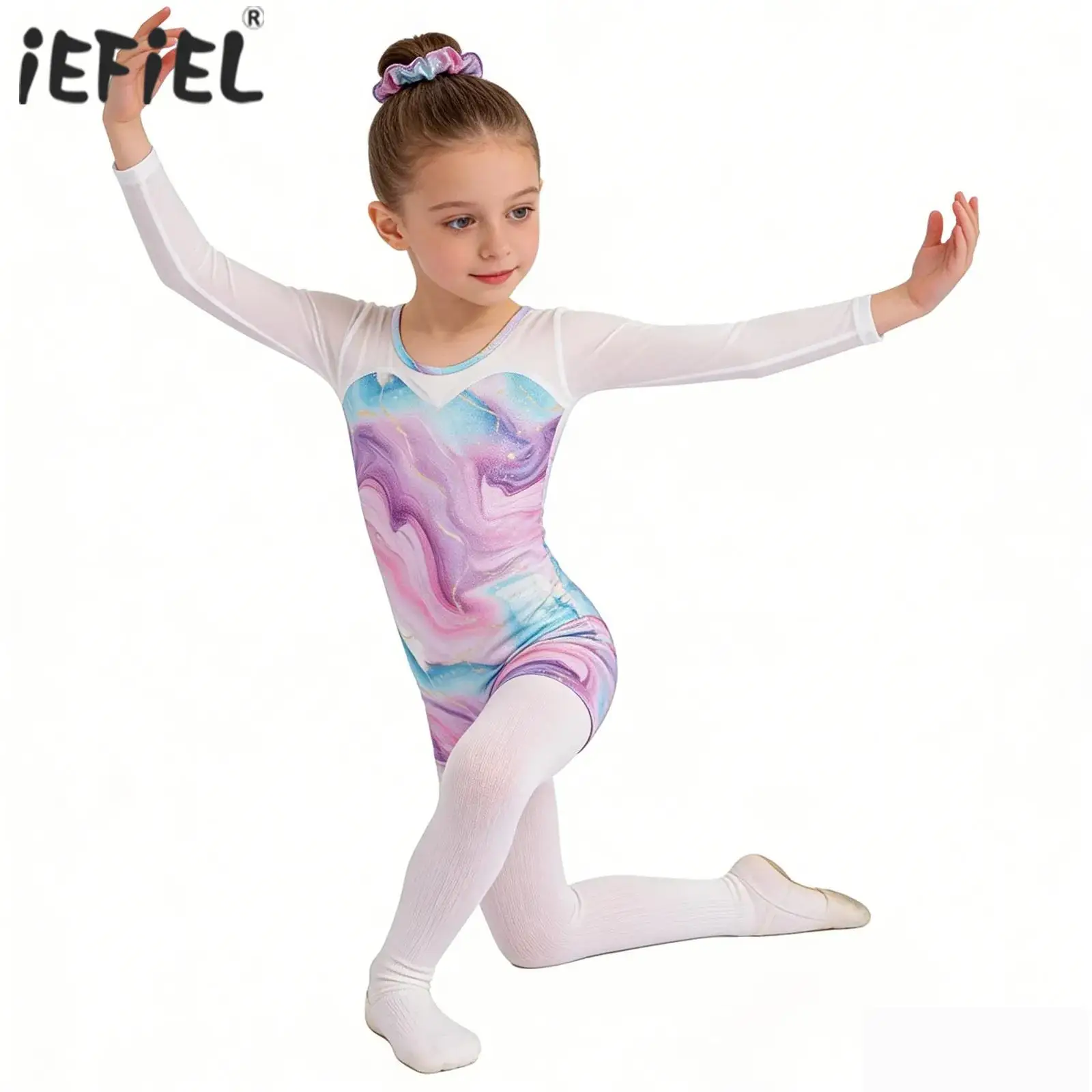 

Детский гимнастический купальник для девочек с сетчатым принтом и металлическим эффектом, с шортами и повязкой на голову, для балета и танцевальных выступлений