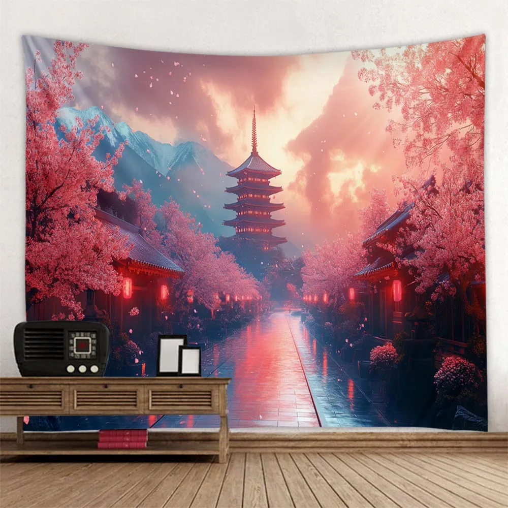 Large Scale Cherry Blossom Tower Moonlight Pink Starry Sky Forest Fabric Mural - Home Wall Decoration for Living Room Bedroom