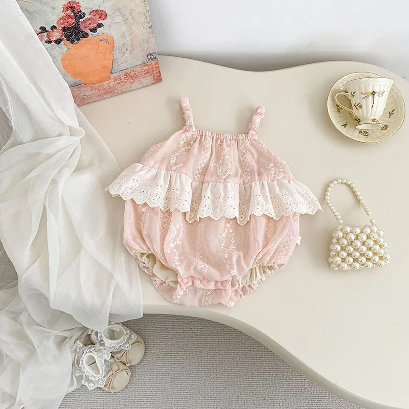 

FINEPAT Summer Baby Bodysuit Sweet Embroidered Lace Toddler Clothes Girls One Piece Ventilate Infant Jumpsuit 3-24M