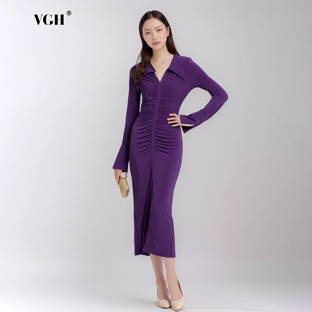 

VGH Solid Elegant Slimming Spliced Folds Dresses For Women Lapel Long Sleeve High Waist Temperament Dress Female New Autumn 2024