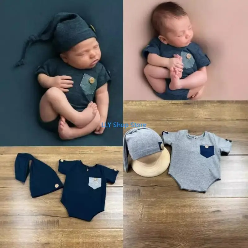 

T8UD Trendy Newborns Apparel, 2Pcs Knotted Hat and Romper Set Lovely Baby Jumpsuit Bonnet Props for Baby Pictures Taking