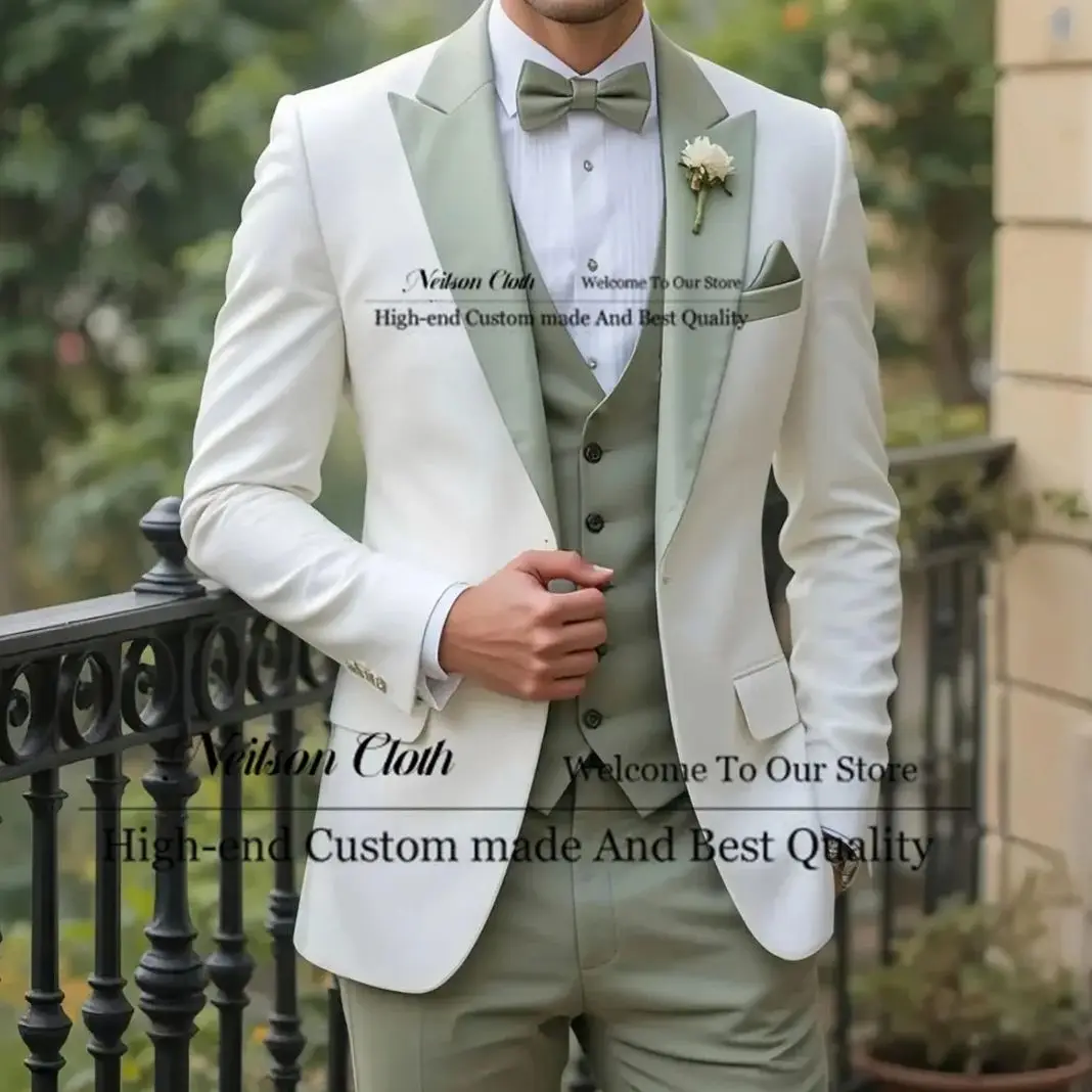 

Formal Double Color Male Prom Blazers 3 Pieces Sets White Groom Wedding Tuxedos For Men Customized Peaked Lapel Costume Homme
