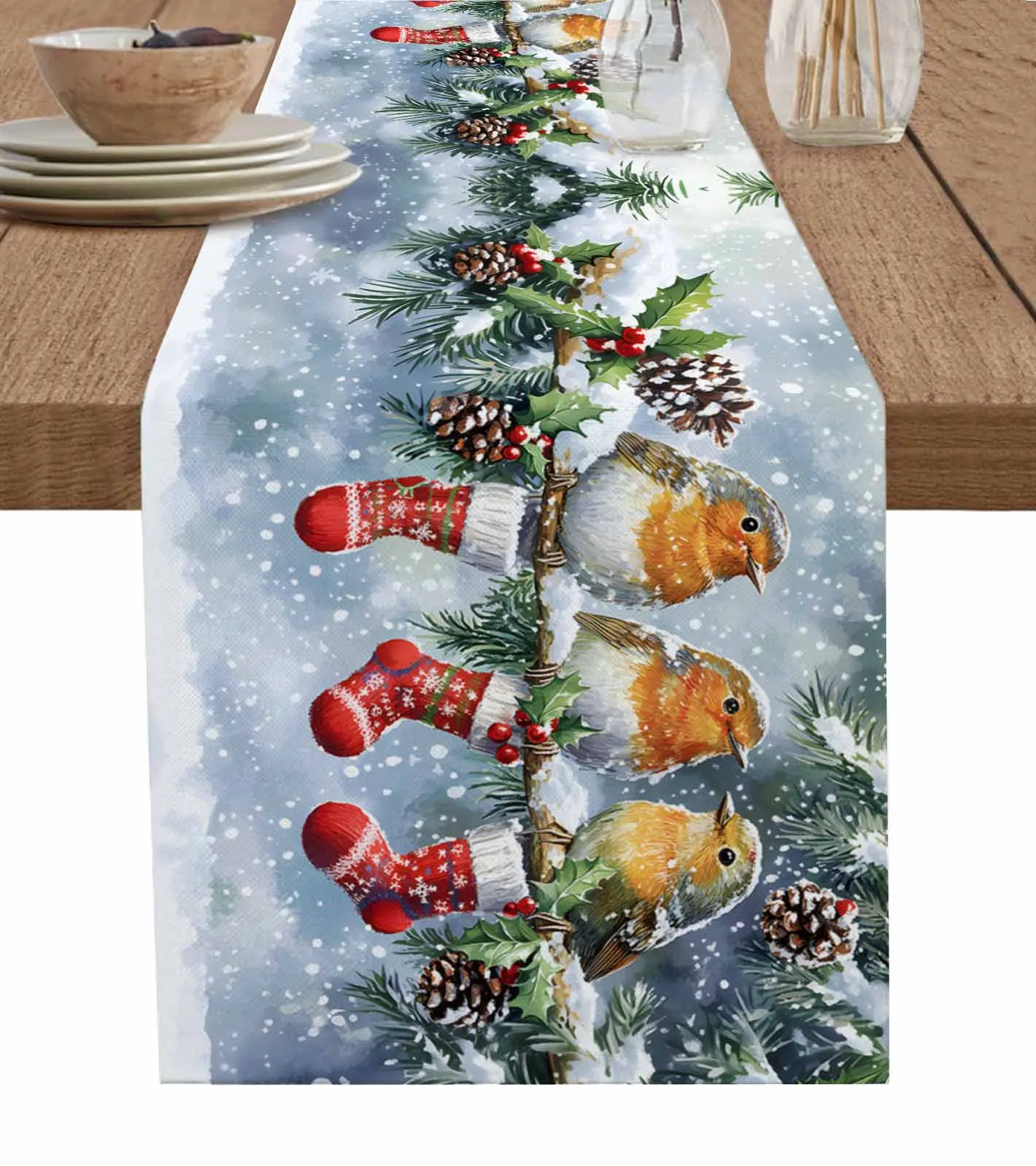 

Christmas Winter Bird Christmas Socks Table Wedding Decor Table Cover Holiday Party Coffee Table Decoration Tablecloth