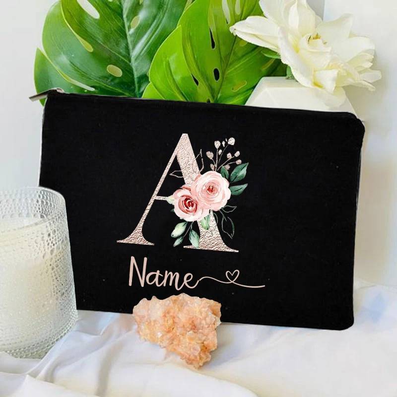 A-Z Flower Letters Customize Black Cosmetic Bag Personalized Name Organizer Monogram Toiletries Pouch Wedding Team Teacher Gifts