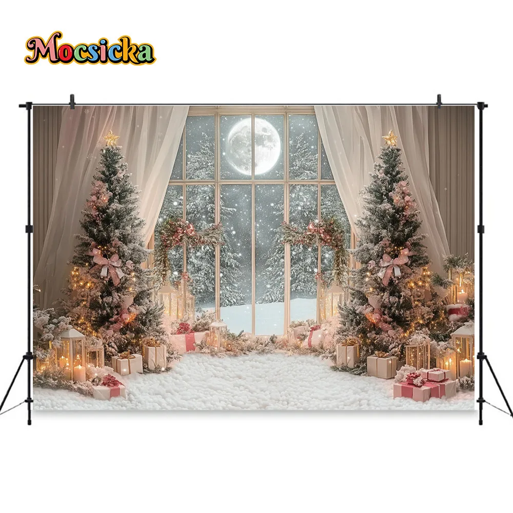 크리스마스 이브 사진 배경 생일 창 달 핑크 커튼 배경, 크리스마스 트리 랜턴 선물, 부스 스튜디오