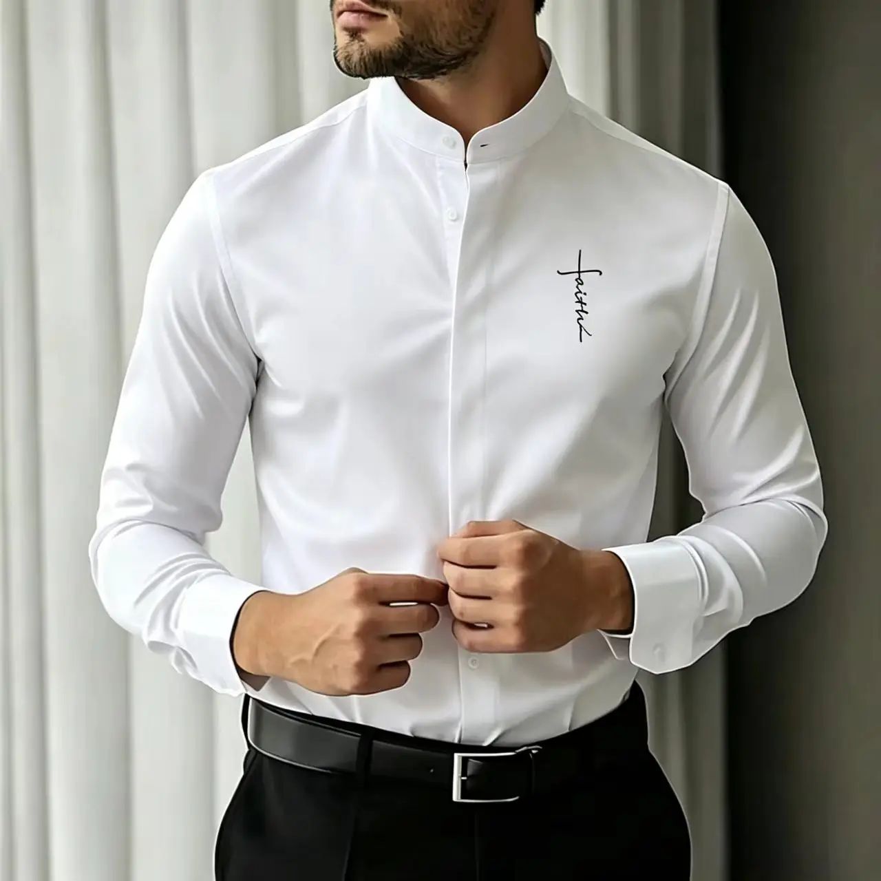 Men's Fashionable Long Sleeved Shirt  Suitable For Social Gatherings And Business  High Neck  Versatile For Casual Wear
