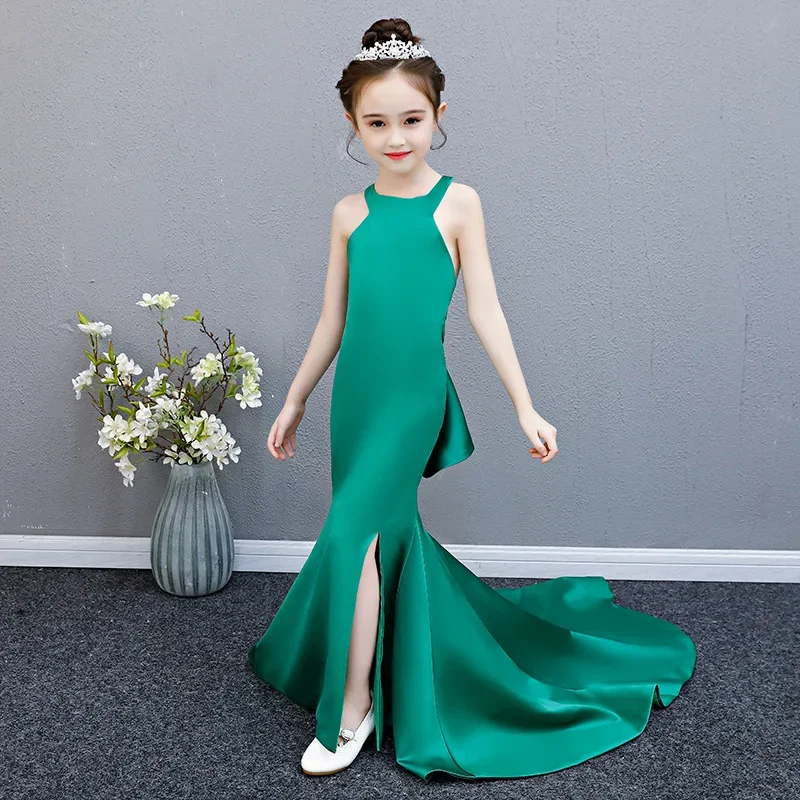 Elegant Evening Dresses for Teen Girls Catwalk Fashion Show Costume Children Party Long Mermaid Green Dress Formal Prom Clothes