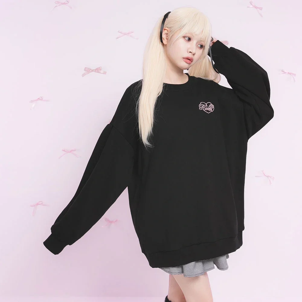 Japanese Sweet Cute Round Neck Long Sleeve Embroidery Loose Versatile Soild Color Oversized Pullover Sweatshirts Women Winter