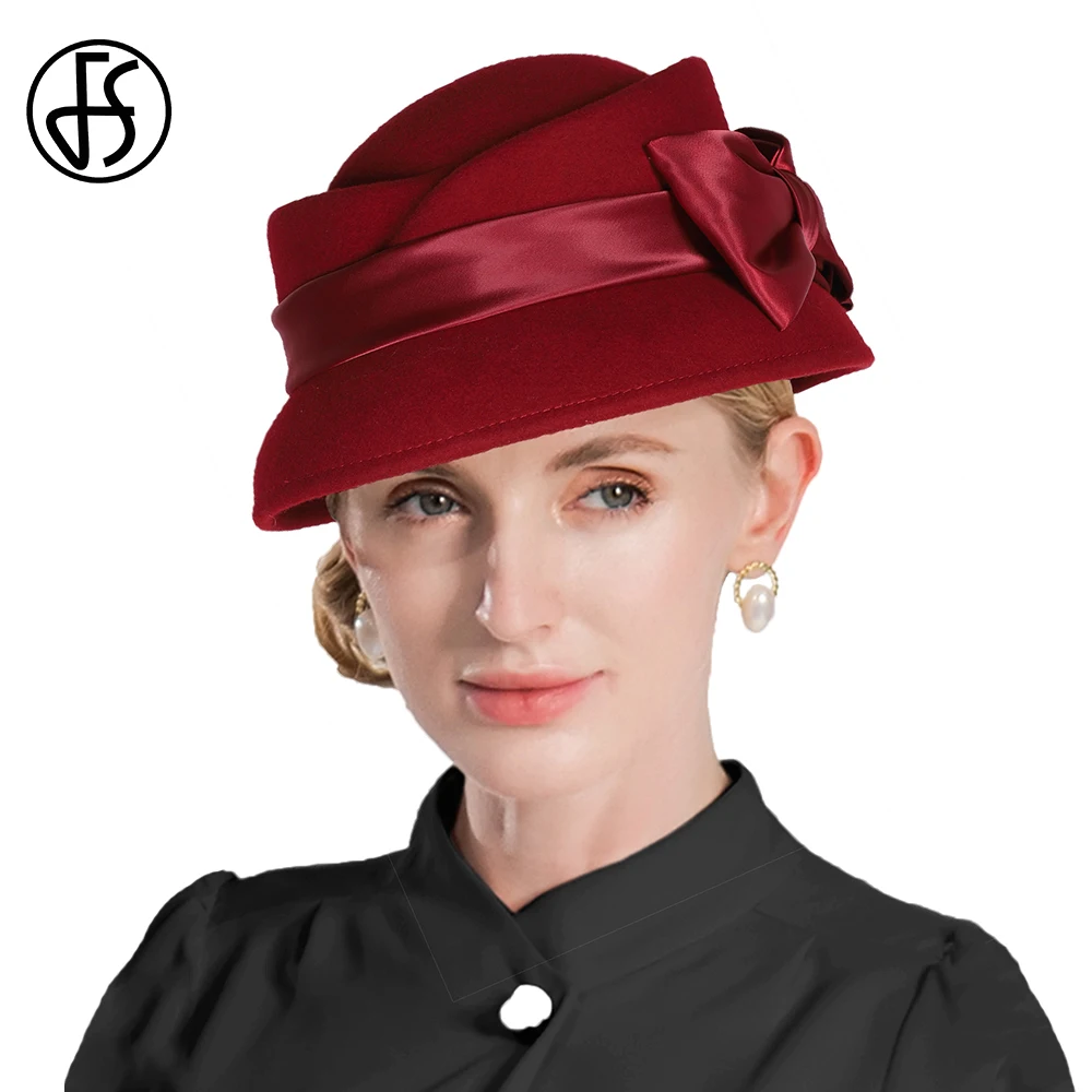 

FS Vintage Bowknot Wool Bucket Hats Wine Red Tea Party Fascinators Top Hat For Women Felt Church Fedora Sombreros Para Mujer