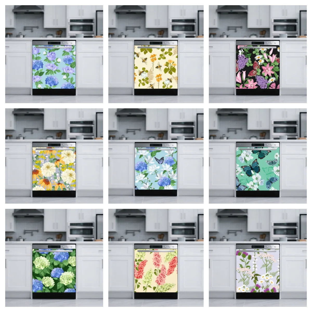 Watercolor Floral Butterfly Dishwasher Door Sticker Garden Decor for Self‑Adhesive Washing Machine Flat Cabinet Surface Decal