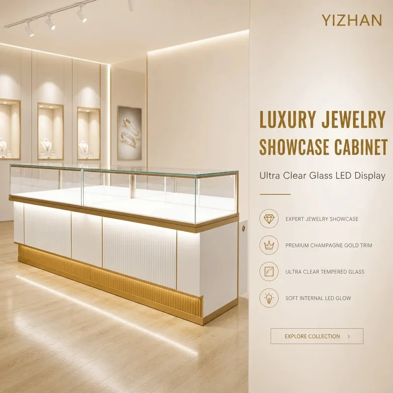 custom.Expert Craftsmanship Jewelry Showcase Glass Display Cabinet with LED Lighting, Luxury Retail Furniture Boutique