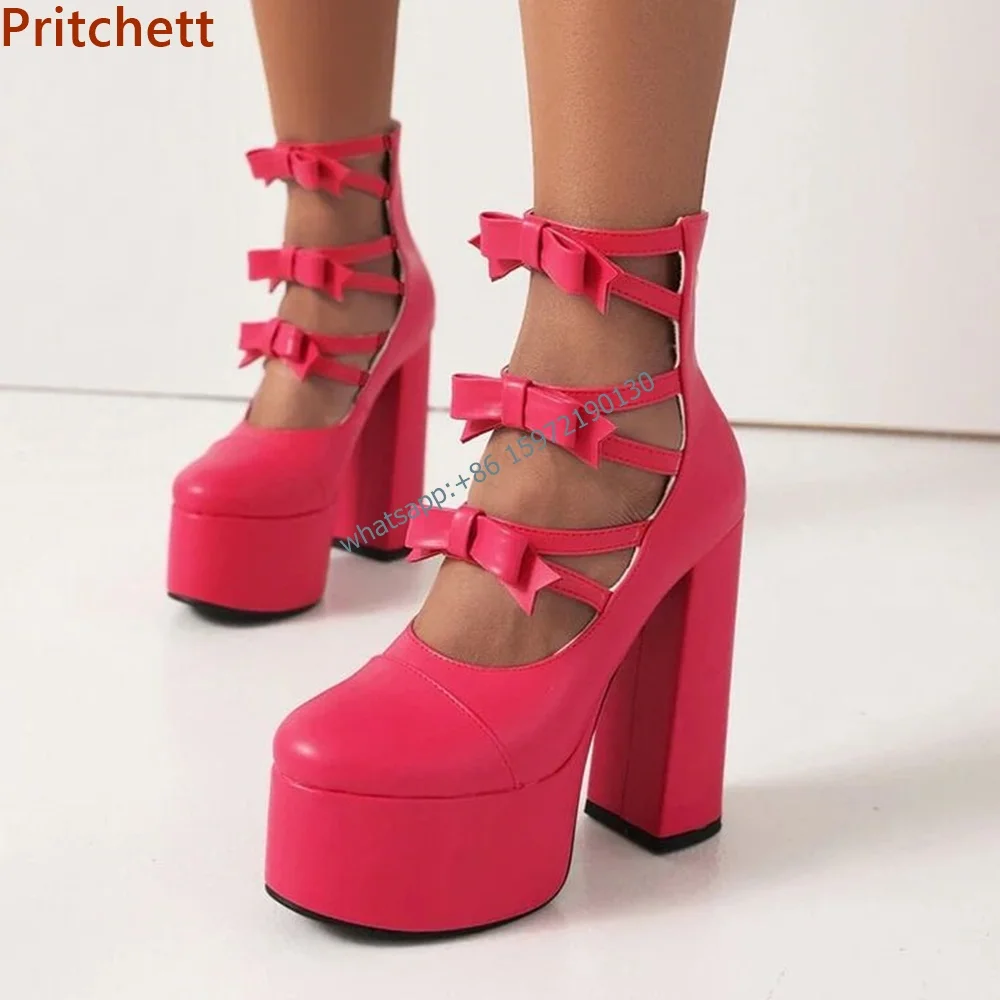 

Solid Patent Leather Pumps Platform Butterfly Knot Round Toe Square Heels Zipper Mid Calf Boots Summer Sweet Fashion Dress Shoes